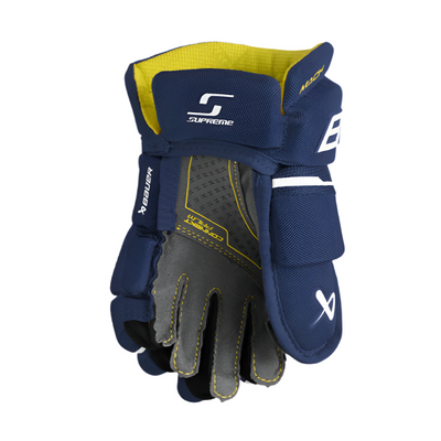 Bauer Supreme Mach Hockey Gloves Youth 2023 navy front (palm) of left glove