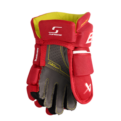 Bauer Supreme Mach Hockey Gloves Youth 2023 red front (palm) of left glove