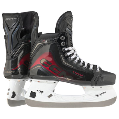 CCM Ice Hockey Skates CCM Jetspeed FT8 (2025) Senior Black/Red back of one skate, and side of the other facing right