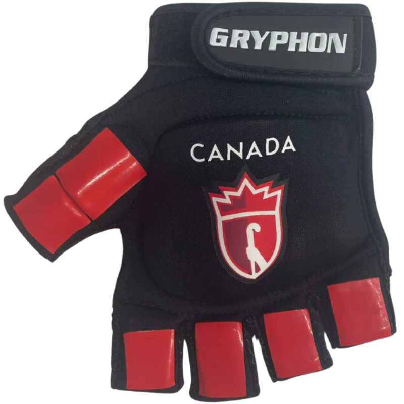 Gryphon G Mitt G4 Field Hockey Glove Canadian front showing red and white shield with white hand holding white field hockey stick and writing of GRYPHON and CANADA