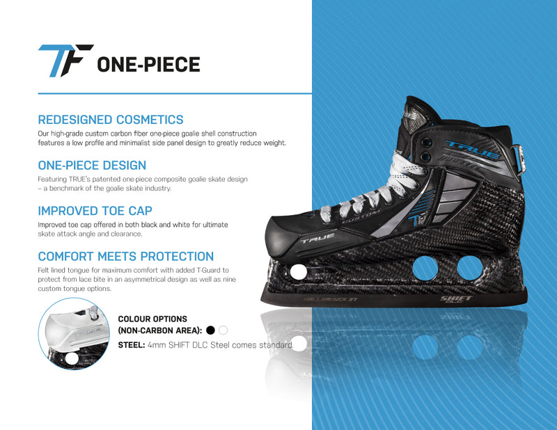 True Goalie Skates True Pro Custom 1-Piece Senior Black promotional sheet showing &